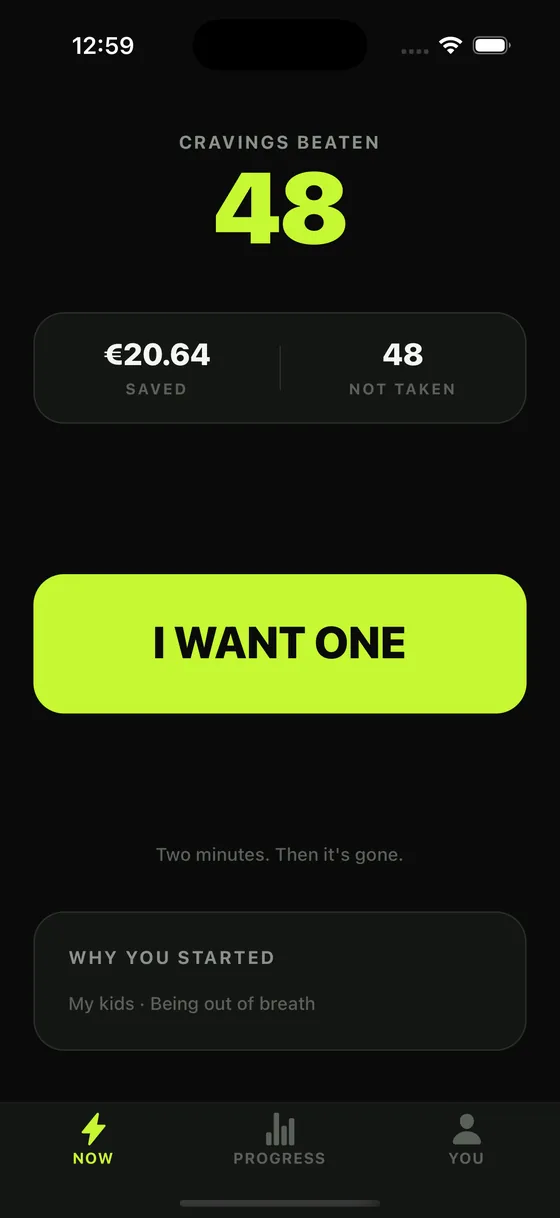 The home screen: cravings beaten, money saved, and one button that says I want one